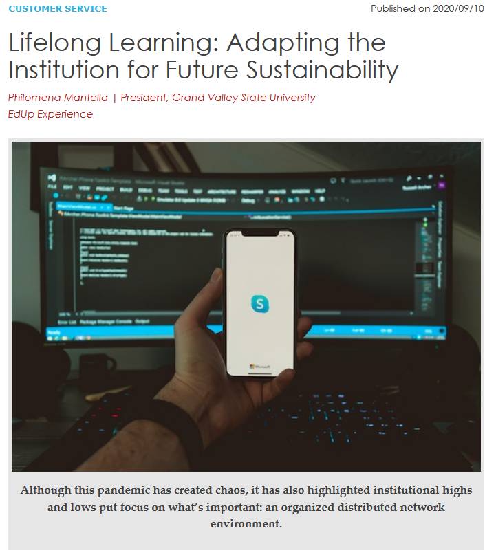 Screenshot from a web article where President Mantella writes about adapting GVSU